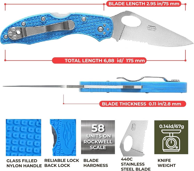 Firebird GANZO F759MS-BL Folding Pocket Knife 440C Stainless Steel Serrated Blade Anti-Slip Handle with Clip Fishing Camping EDC Utility Pocket Knife (Blue) - Image 2
